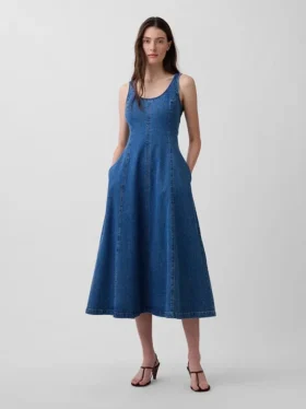 Abito lungo in denim con scollo rotondo