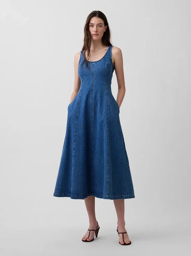 Abito lungo in denim con scollo rotondo