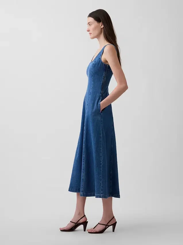 Abito lungo in denim con scollo rotondo