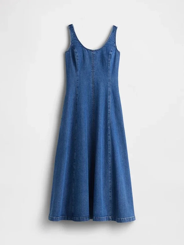 Abito lungo in denim con scollo rotondo
