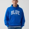 Acquista la felpa con cappuccio in felpa francese pesante blu con logo