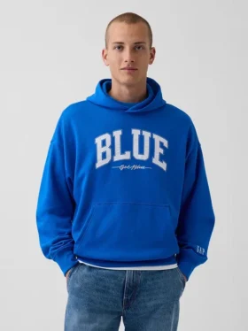 Acquista la felpa con cappuccio in felpa francese pesante blu con logo