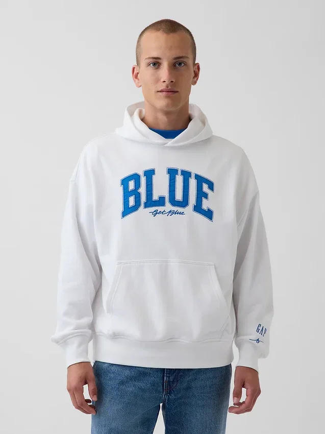 Acquista la felpa con cappuccio in felpa francese pesante blu con logo