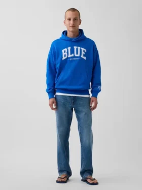 Acquista la felpa con cappuccio in felpa francese pesante blu con logo