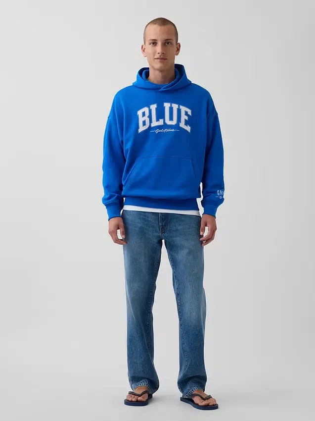 Acquista la felpa con cappuccio in felpa francese pesante blu con logo