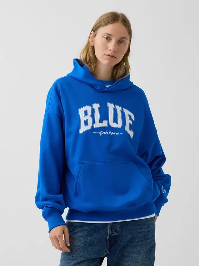 Acquista la felpa con cappuccio in felpa francese pesante blu con logo
