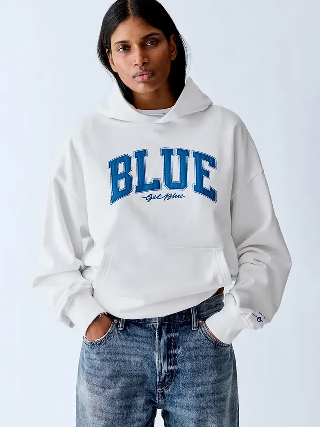 Acquista la felpa con cappuccio in felpa francese pesante blu con logo