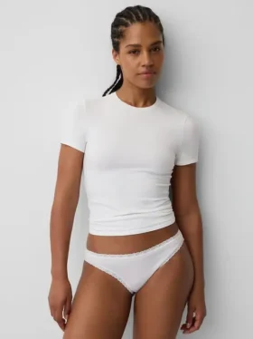 Bikini in cotone biologico elasticizzato con bordi in pizzo