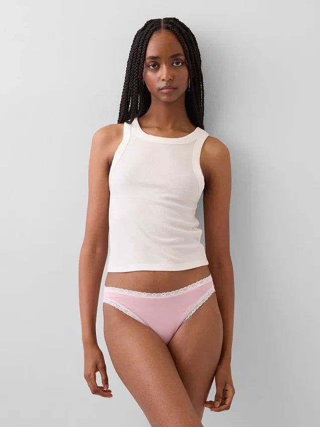 Bikini in cotone biologico elasticizzato con bordi in pizzo