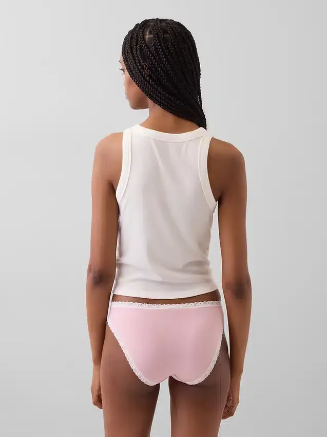 Bikini in cotone biologico elasticizzato con bordi in pizzo