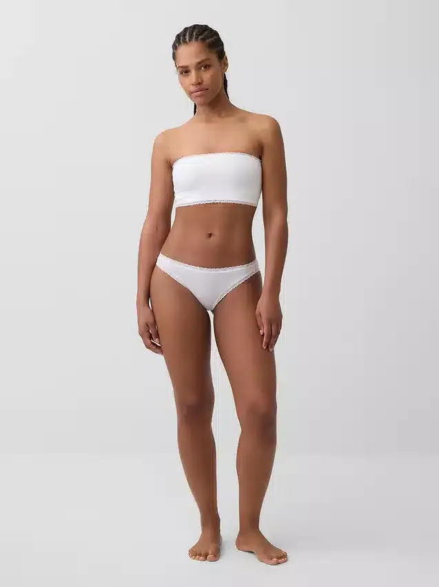 Bikini in cotone biologico elasticizzato con bordi in pizzo