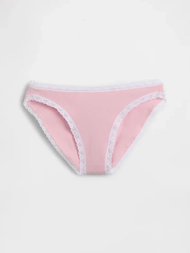 Bikini in cotone biologico elasticizzato con bordi in pizzo