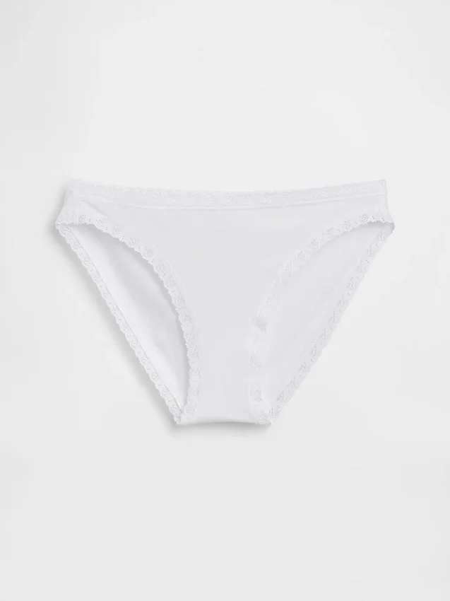 Bikini in cotone biologico elasticizzato con bordi in pizzo