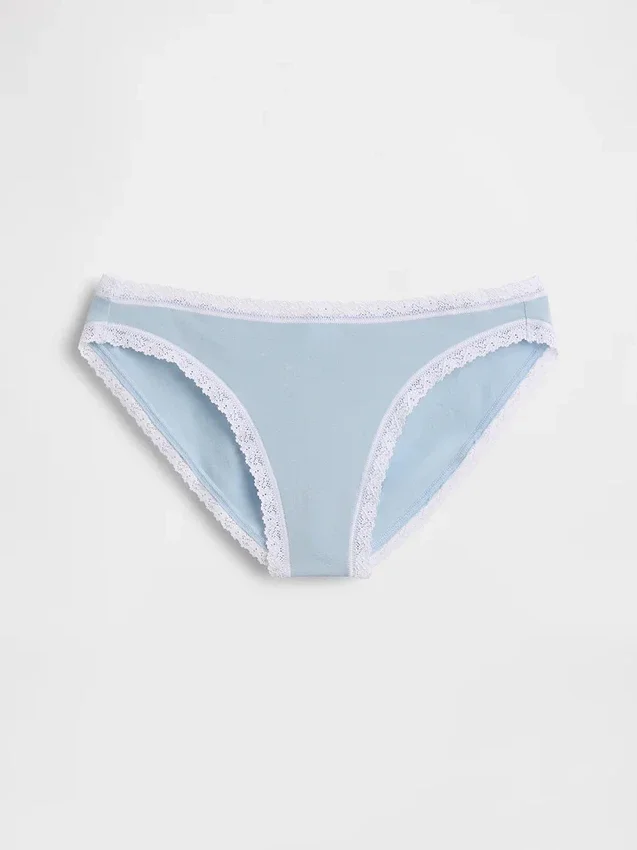 Bikini in cotone biologico elasticizzato con bordi in pizzo