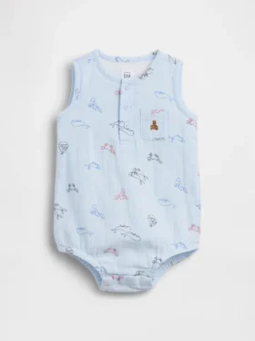 Body Henley con tasca in garza di cotone per neonati