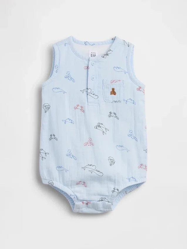 Body Henley con tasca in garza di cotone per neonati