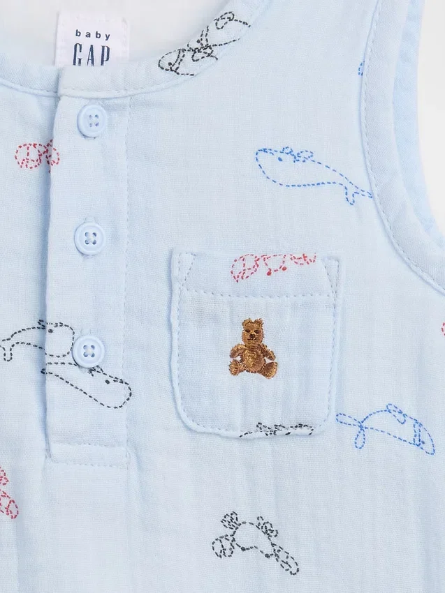 Body Henley con tasca in garza di cotone per neonati