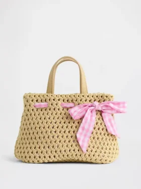 Borsa di paglia a quadretti con fiocco per bambini