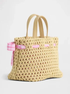 Borsa di paglia a quadretti con fiocco per bambini