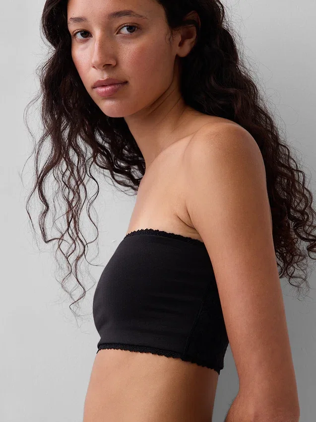 Bralette a fascia in cotone elasticizzato biologico con bordi in pizzo