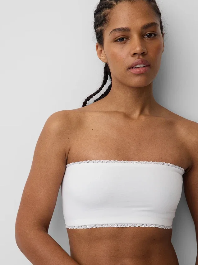 Bralette a fascia in cotone elasticizzato biologico con bordi in pizzo