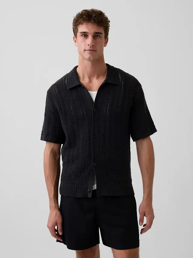 Camicia a maglia all’uncinetto con motivo a spina di pesce