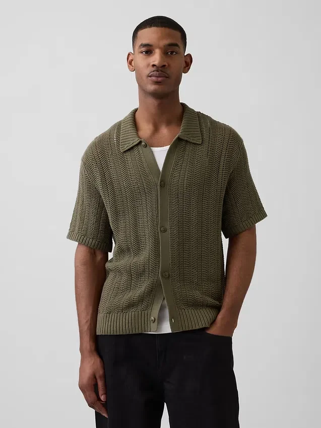 Camicia a maglia all’uncinetto con motivo a spina di pesce