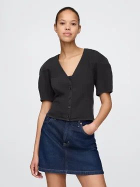 Camicia corta in denim con maniche a campana