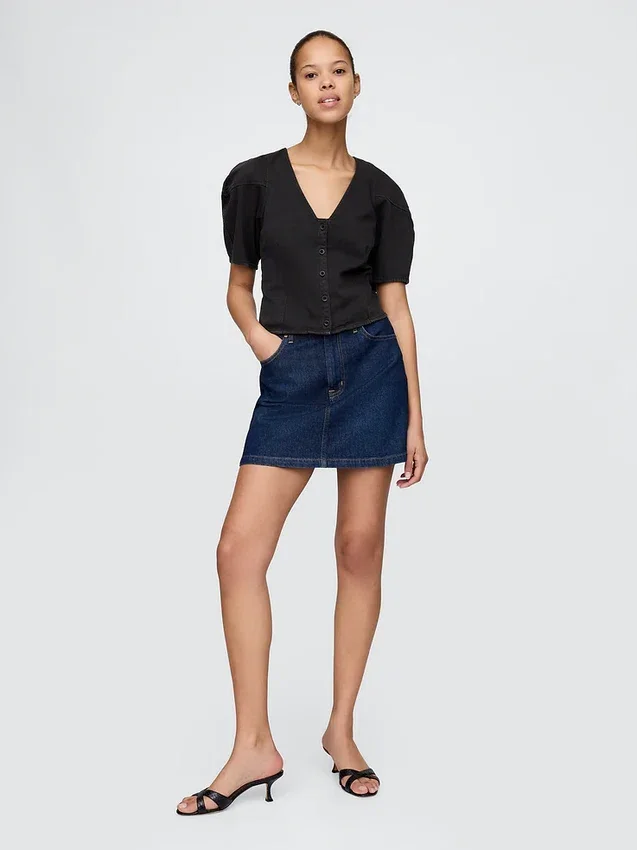 Camicia corta in denim con maniche a campana