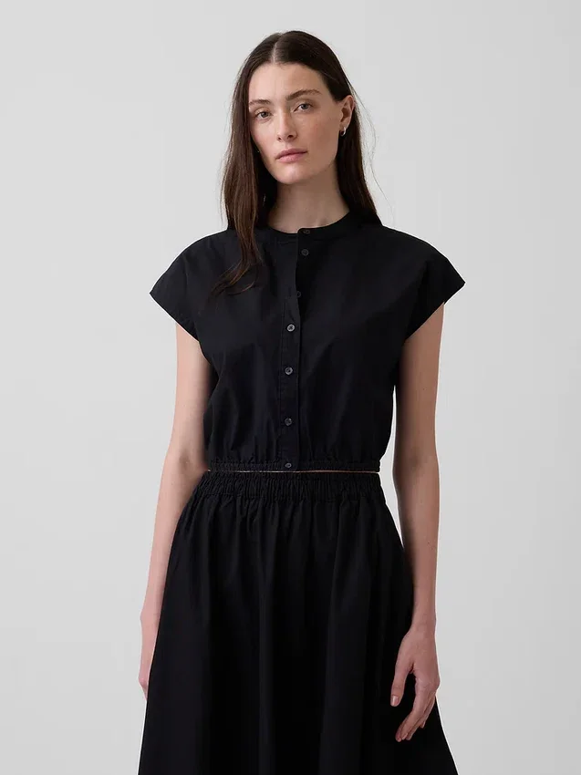 Camicia corta in popeline con maniche ad aletta