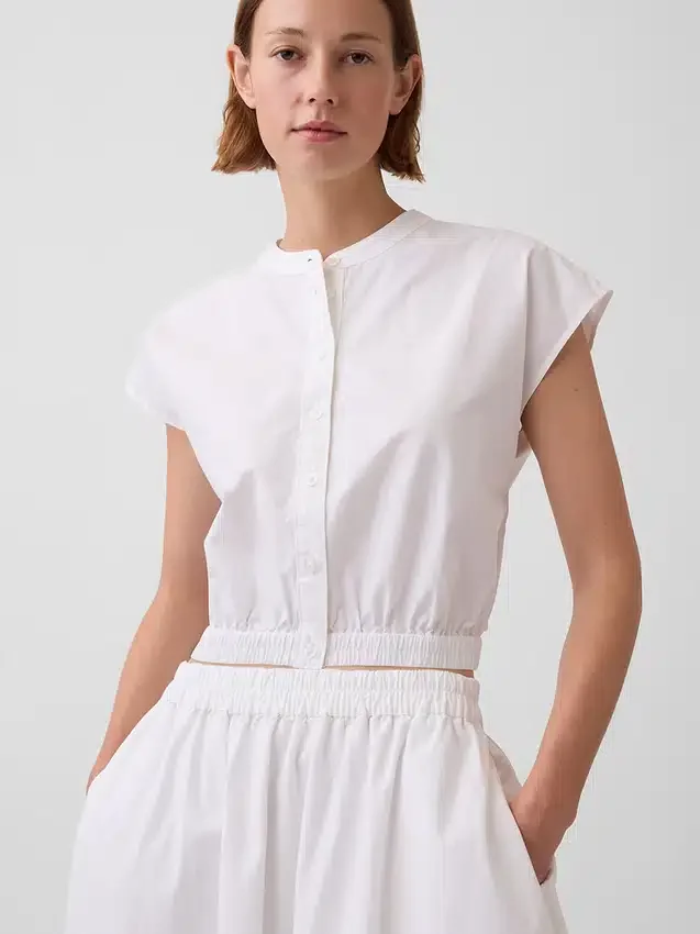Camicia corta in popeline con maniche ad aletta