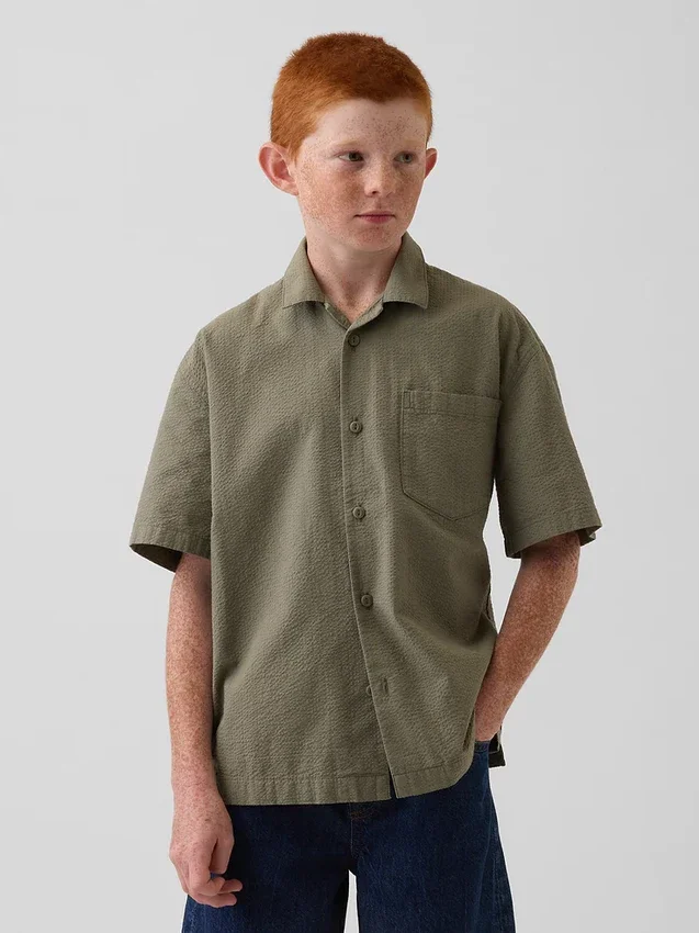 Camicia da vacanza per bambini in cotone seersucker morbido e testurizzato