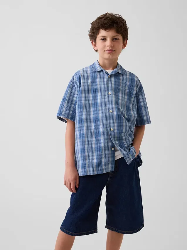 Camicia da vacanza per bambini in cotone seersucker testurizzato a quadri