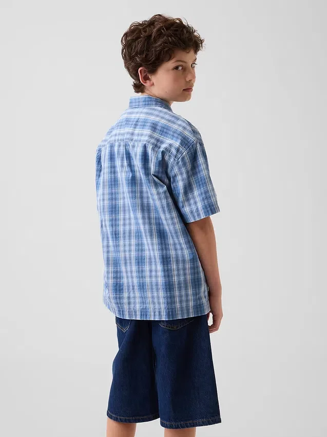 Camicia da vacanza per bambini in cotone seersucker testurizzato a quadri