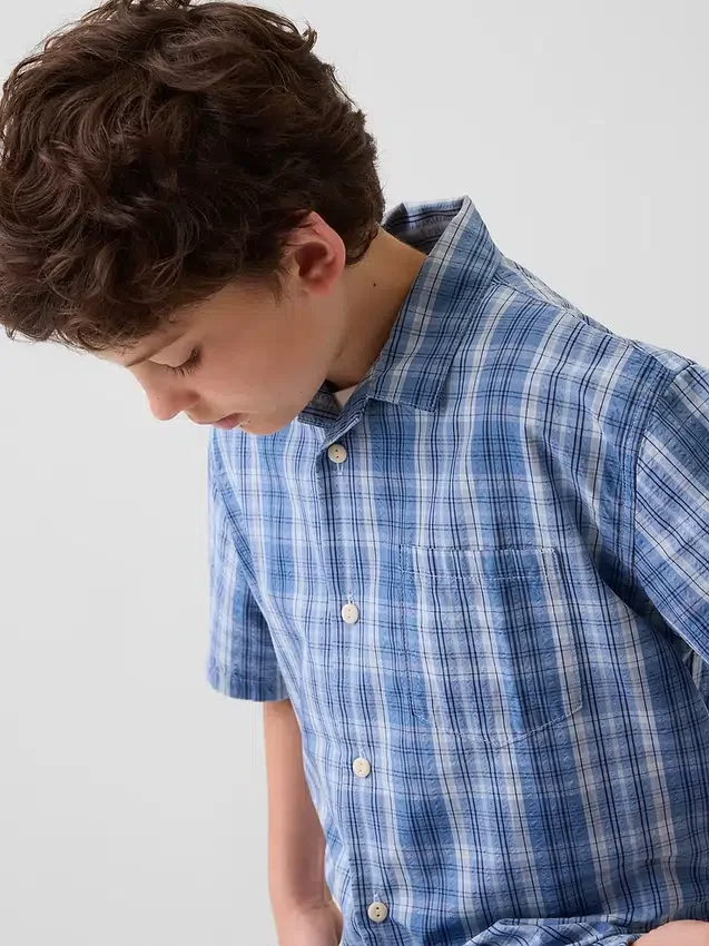 Camicia da vacanza per bambini in cotone seersucker testurizzato a quadri