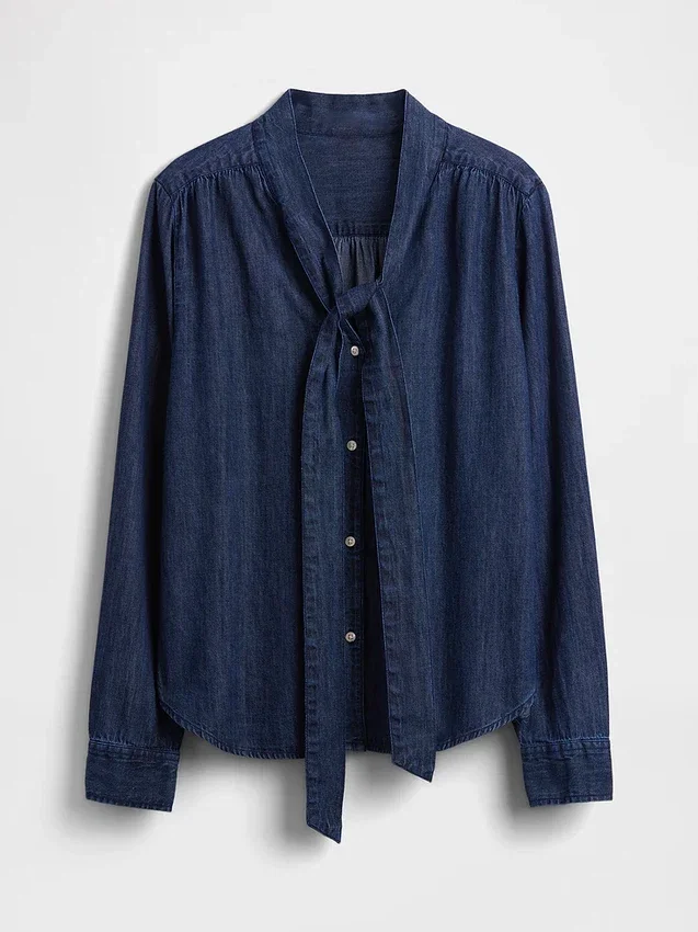 Camicia in denim con collo annodato
