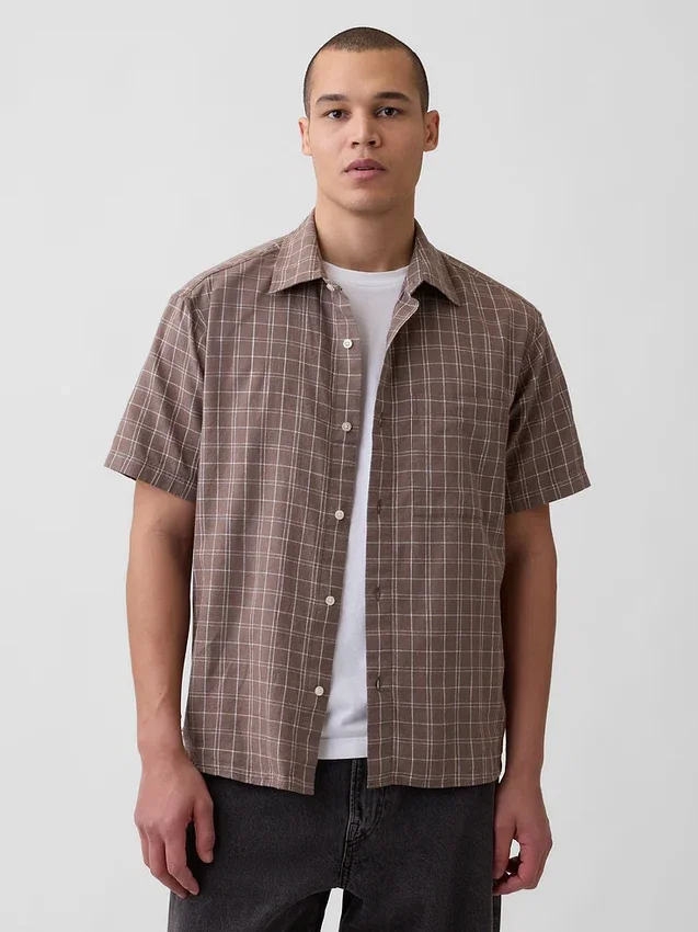 Camicia in misto lino e cotone testurizzato