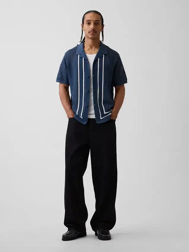 Camicia-maglione a righe con colletto Camp