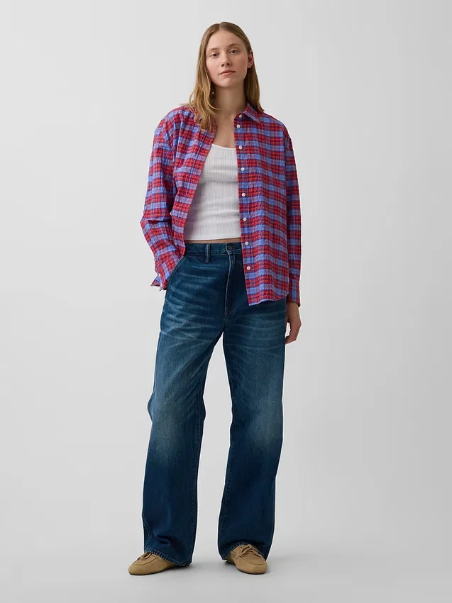 Camicia oversize a quadri in seersucker