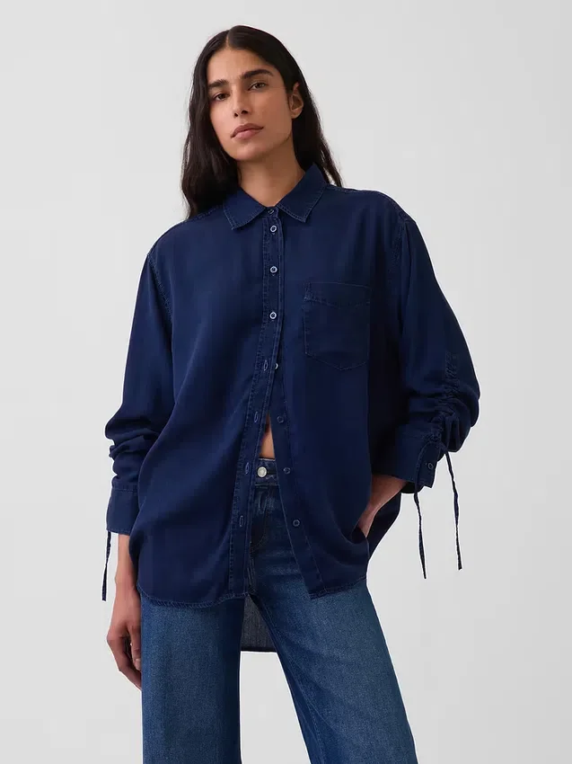 Camicia oversize in denim con maniche arricciate