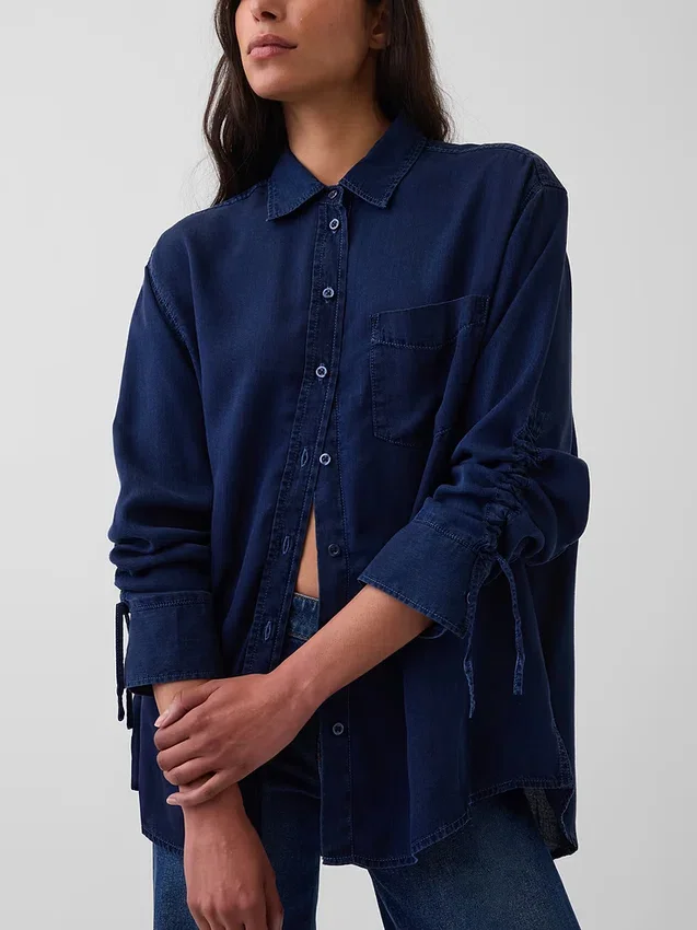 Camicia oversize in denim con maniche arricciate