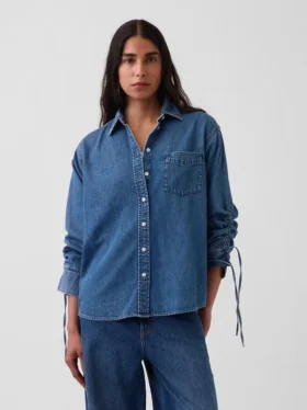 Camicia oversize in denim ultra morbido con maniche arricciate