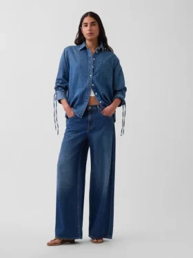 Camicia oversize in denim ultra morbido con maniche arricciate