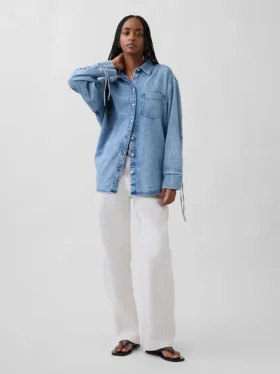 Camicia oversize in denim ultra morbido con maniche arricciate
