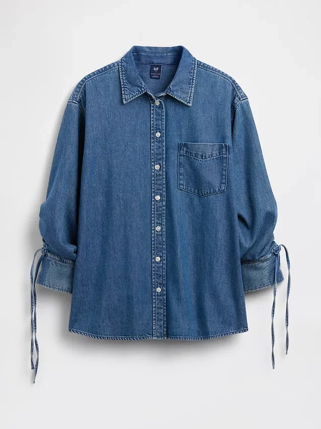 Camicia oversize in denim ultra morbido con maniche arricciate