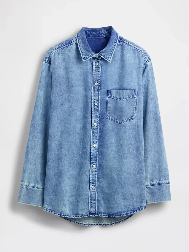 Camicia oversize in denim ultra morbido con maniche arricciate