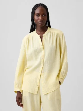 Camicia oversize in garza di cotone senza colletto