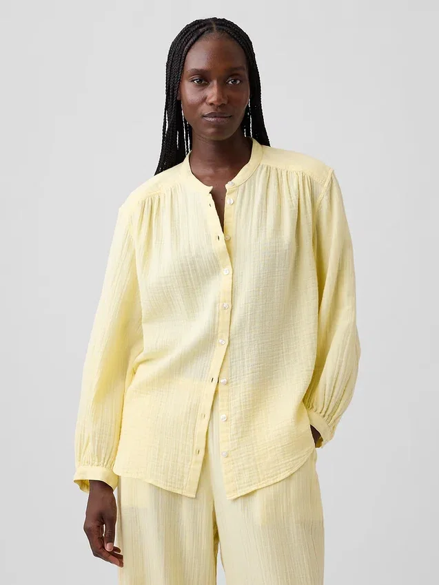 Camicia oversize in garza di cotone senza colletto