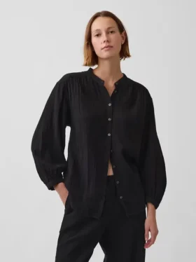 Camicia oversize in garza di cotone senza colletto