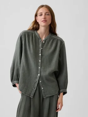 Camicia oversize in garza di cotone senza colletto